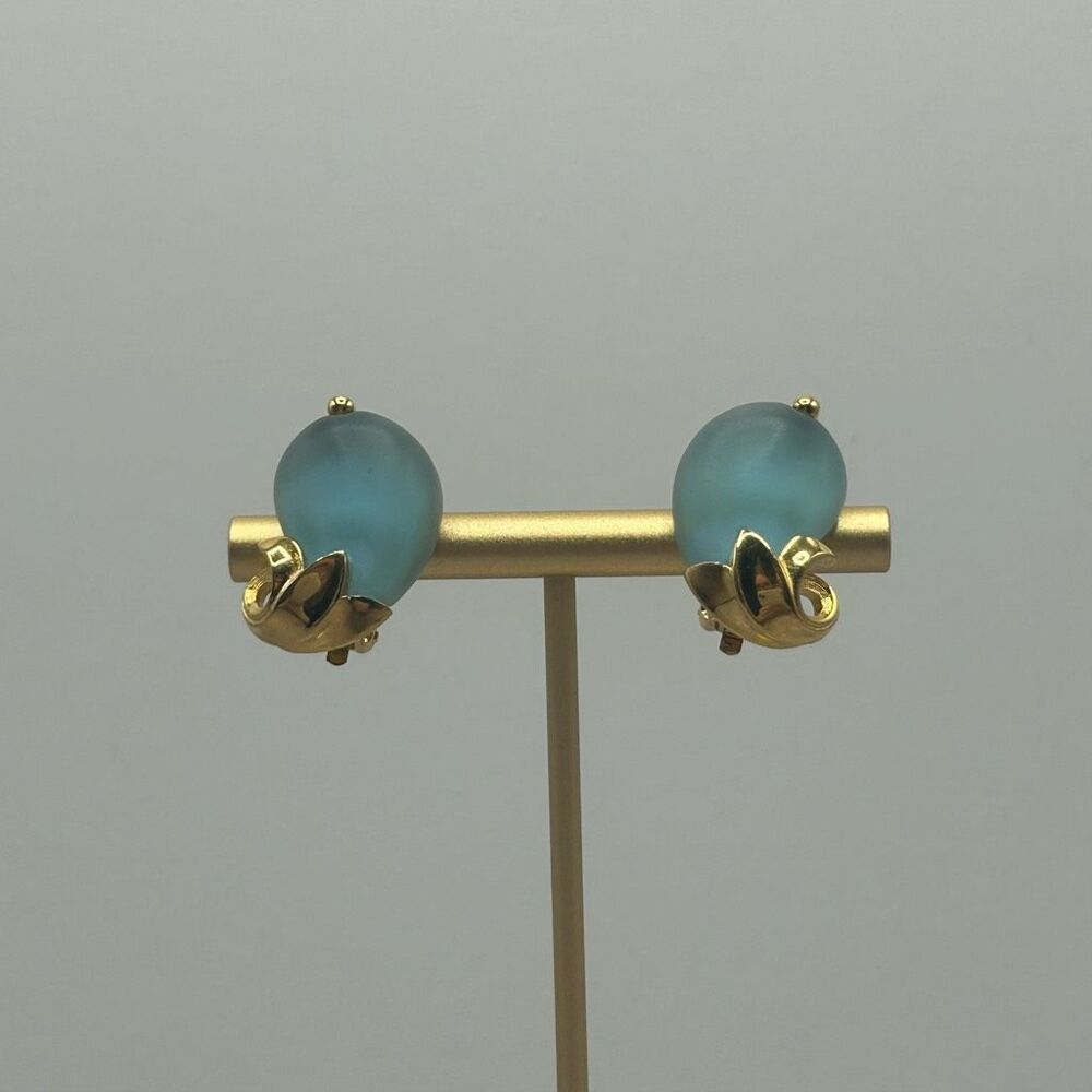 Givenchy 1980 Gold Tone Blue Stone Clip On Earrings Elegant For Womens